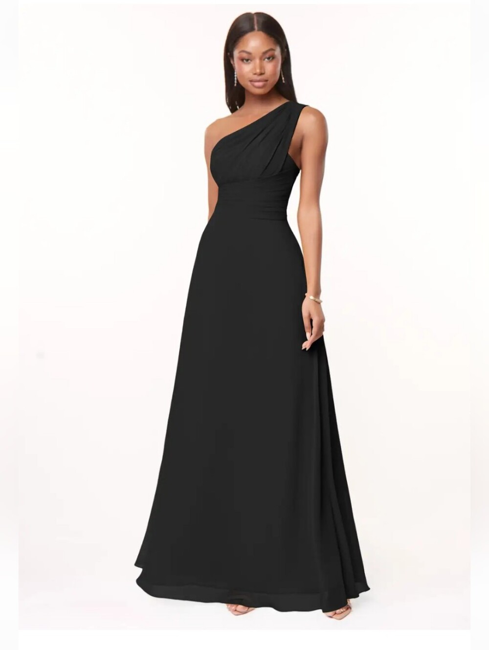 Azazie Ashley Black A-Line One Shoulder Chiffon Bridesmaid Dress Size A10